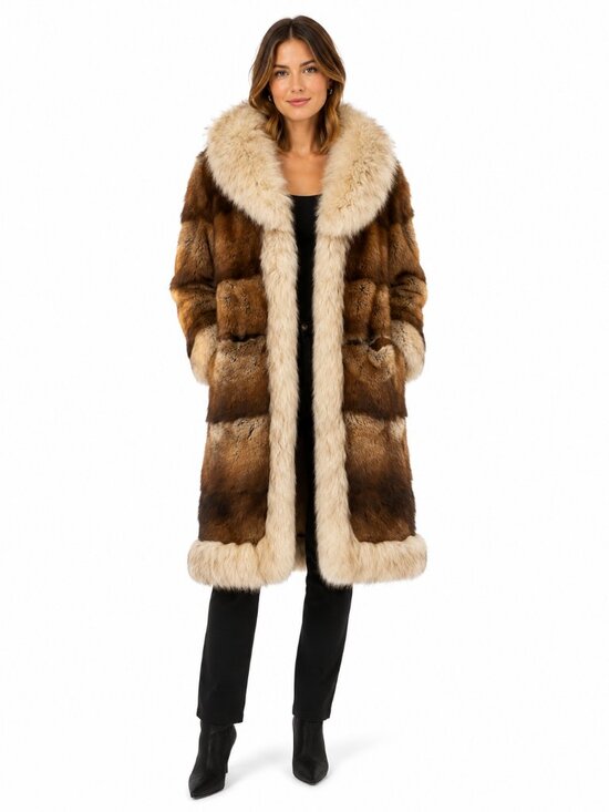 Jackets & Blazers - Vintage Real Fur Coat Mid-Length Jacket with Plush Contrast Collar & Chevron Pat
